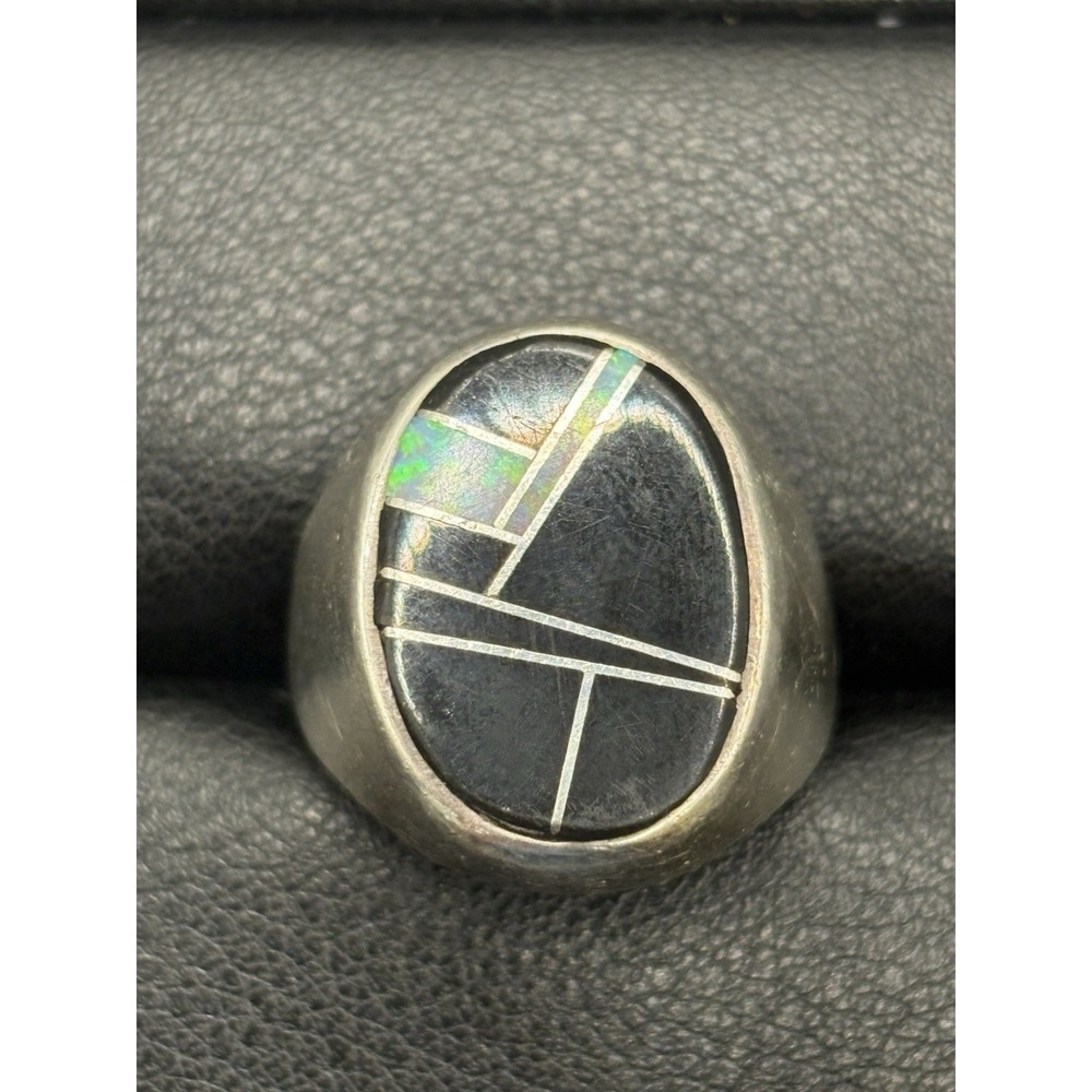 Southwestern Gents Sterling Silver Opal Onyx Signet Ring 5 Grams Size 9 E12